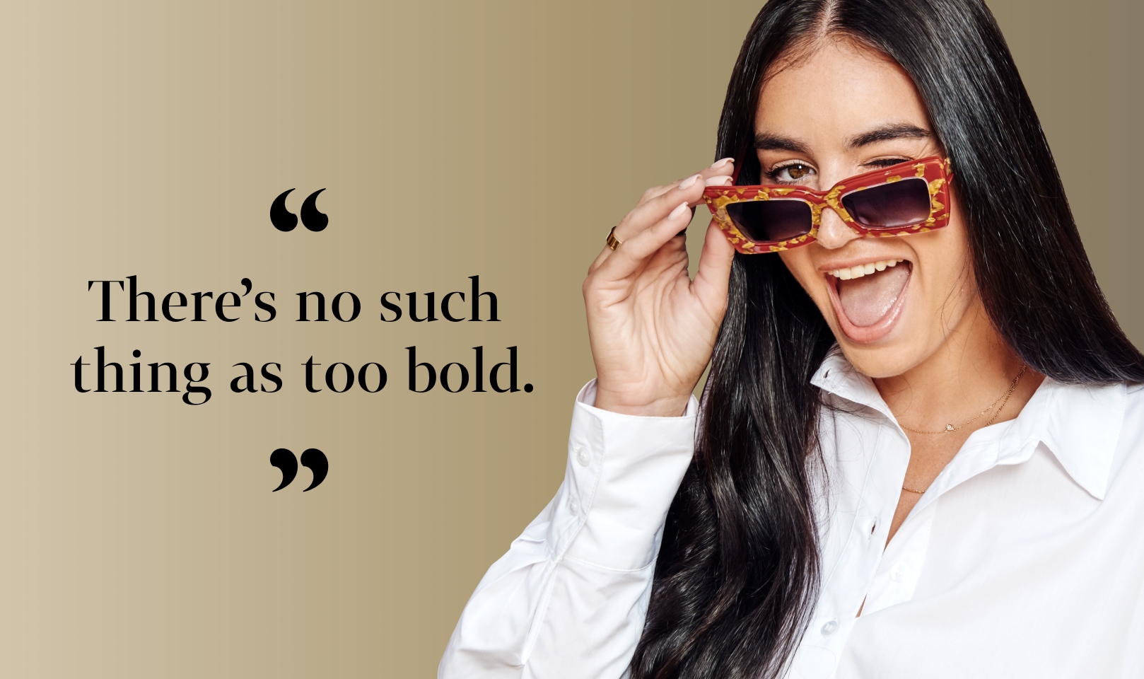 ‘There’s no such thing as too bold.’ Claire Kittle, holding Zenni cat-eye glasses #4449318 on her nose and smiling, in front of a gold background.